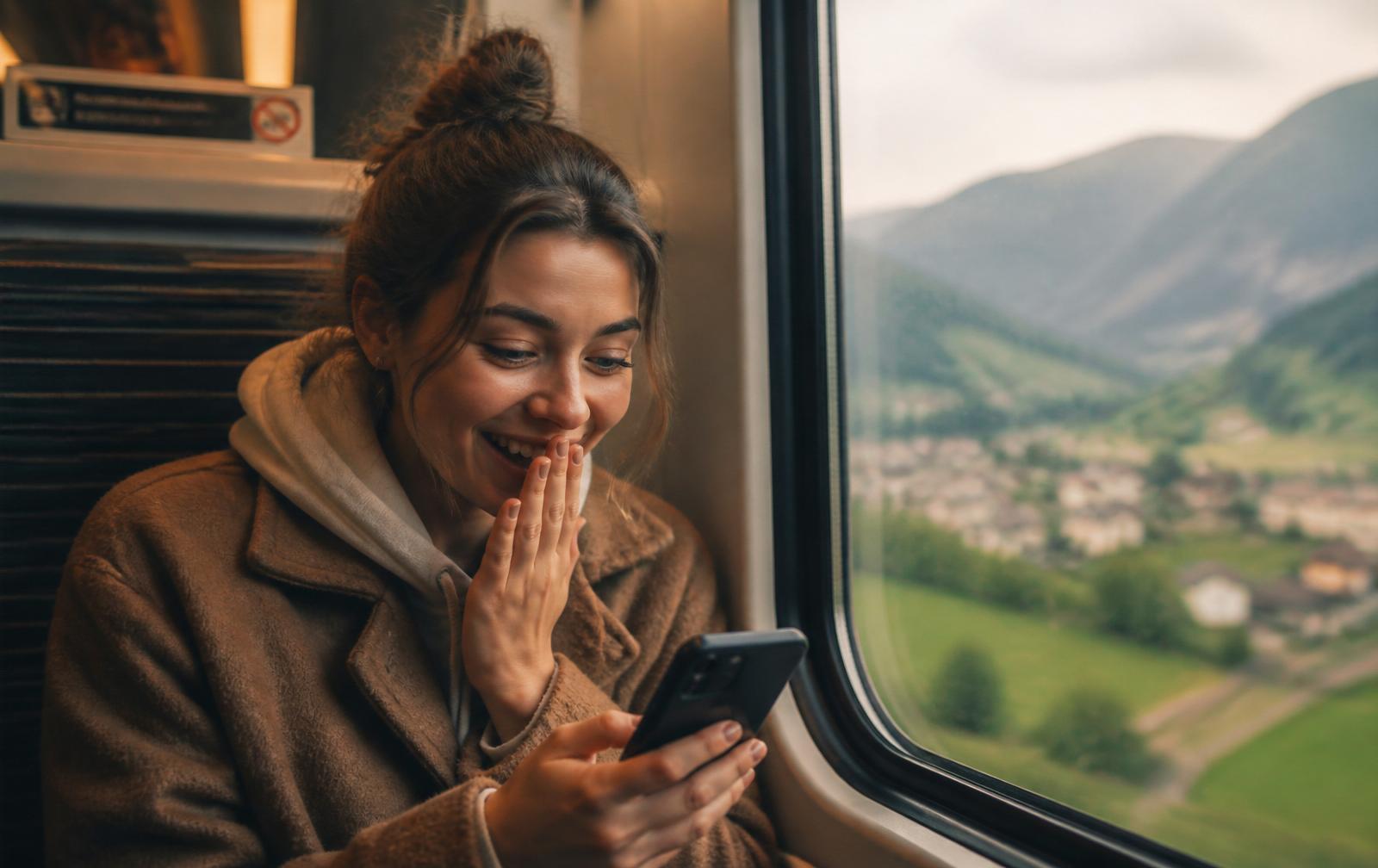 Young traveller smiling at her phone on a train through the mountains