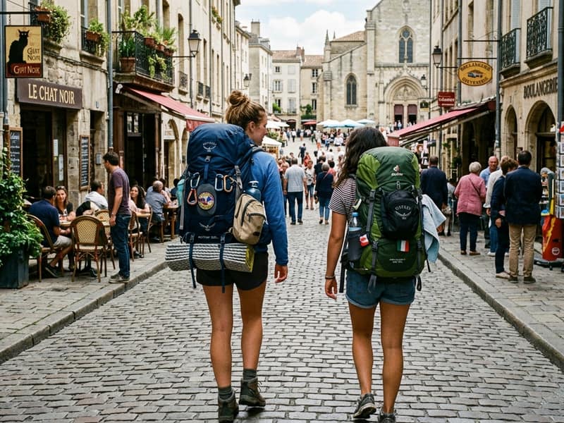 Two young backpackers exploring a sunlit European city plaza at golden hour