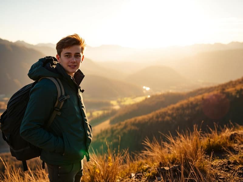 Young gap year student with a backpack overlooking mountains at sunset
