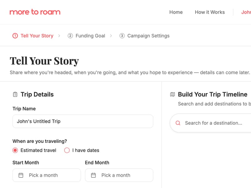 Campaign builder trip story step with the trip description and destination timeline