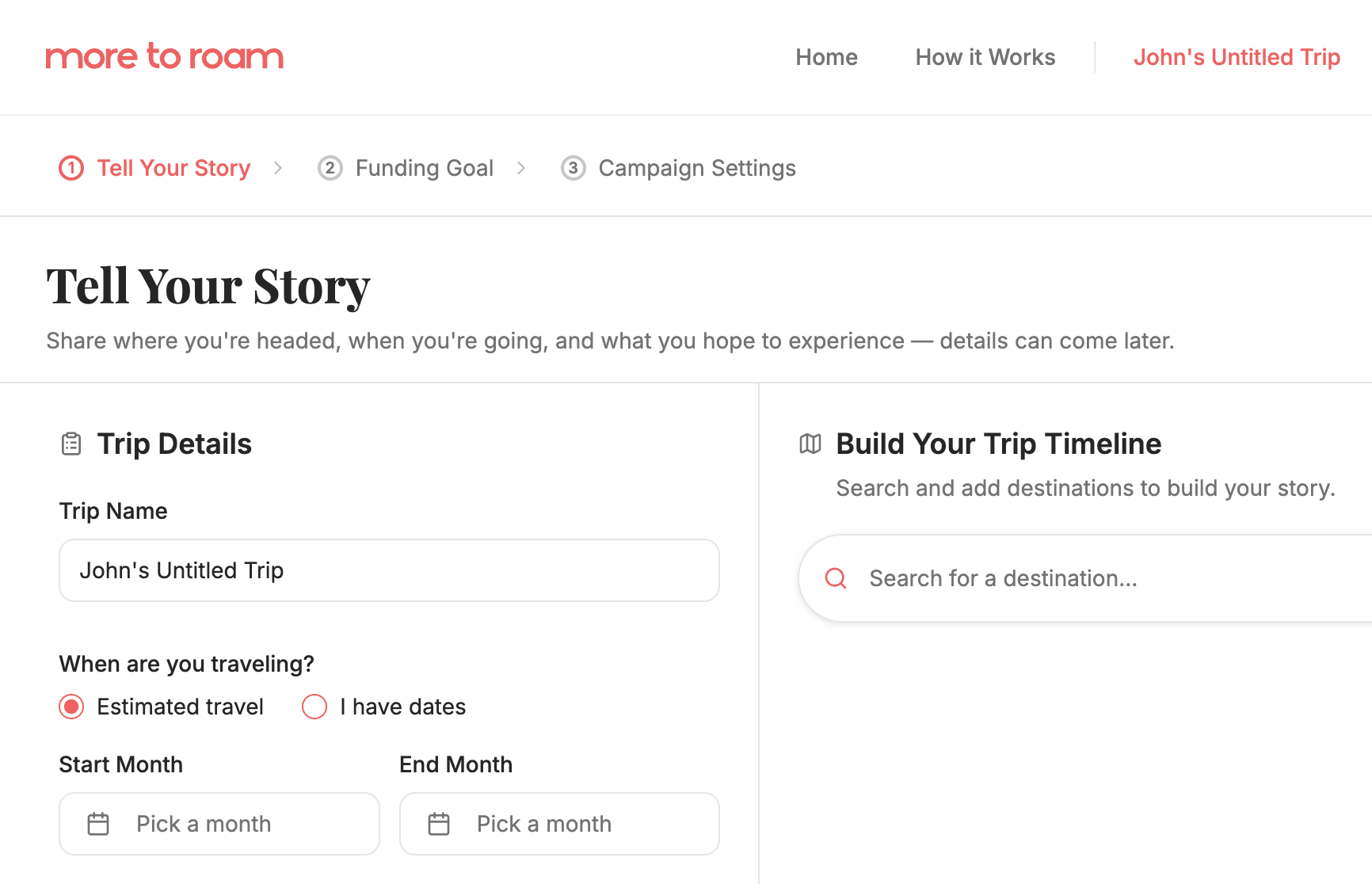 Tell Your Story page in the trip planner