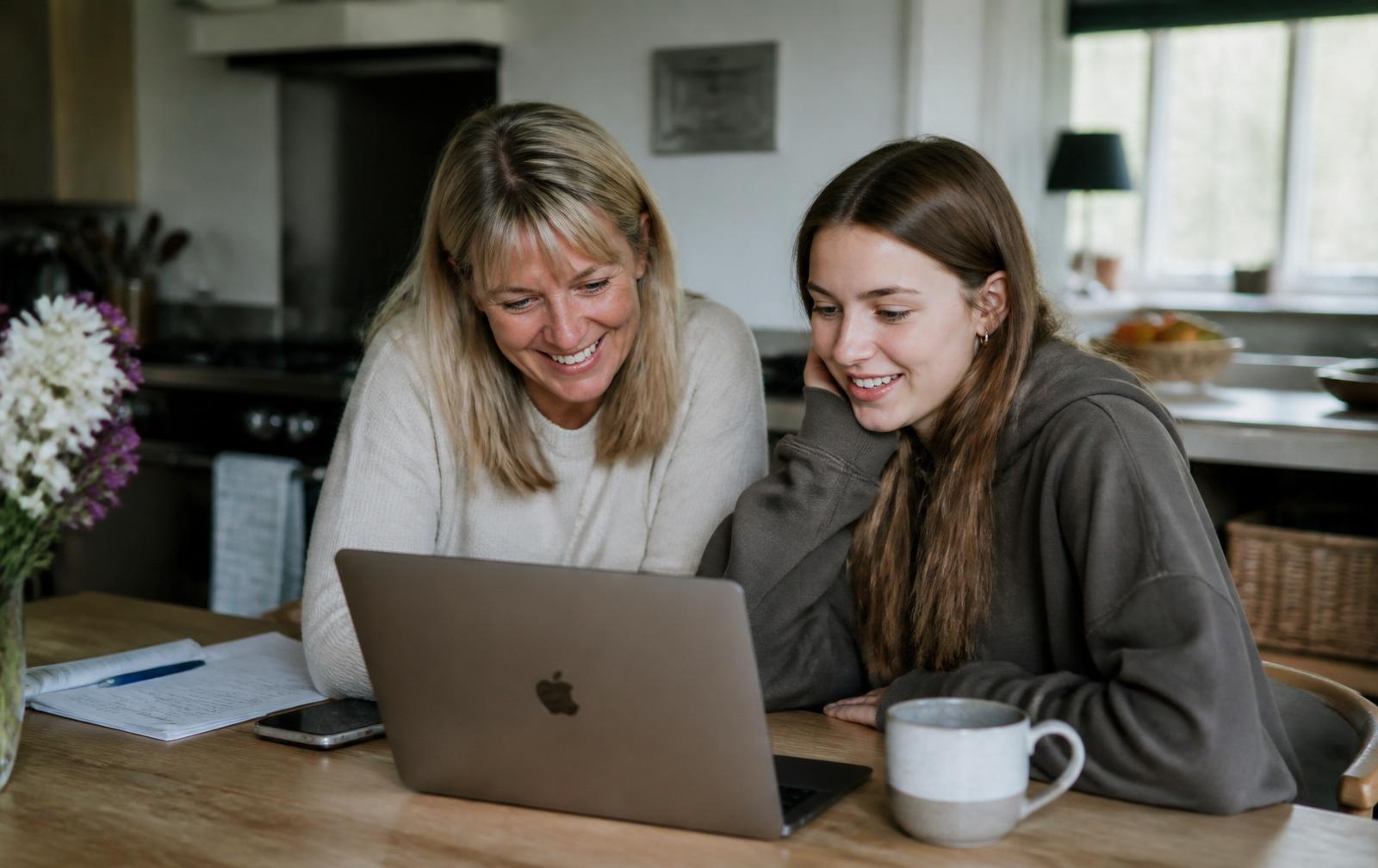 Mother and teenage daughter planning a gap year on a laptop