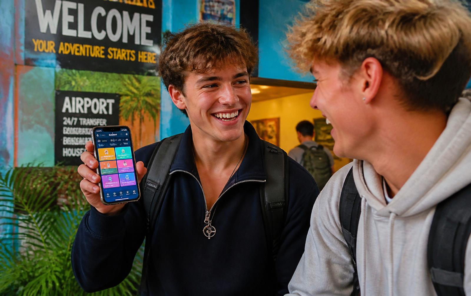Two gap year travellers laughing while looking at the More to Roam app on a phone