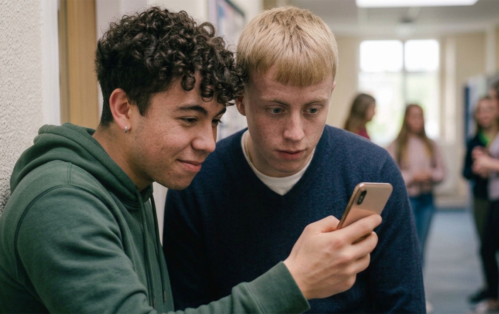 Two mates leaning in together, checking something on a phone